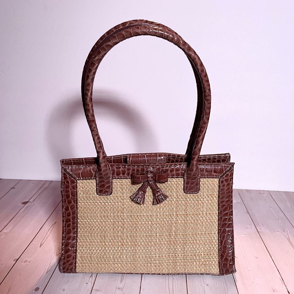 Liz Claiborne Mini Satchel Tan Woven Body Brown Faux Crocodile Trim Bow Y2K
